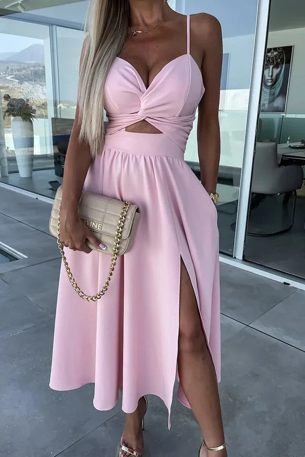 Midi Dress for Women with Crossed Design, Straps and Front Slit