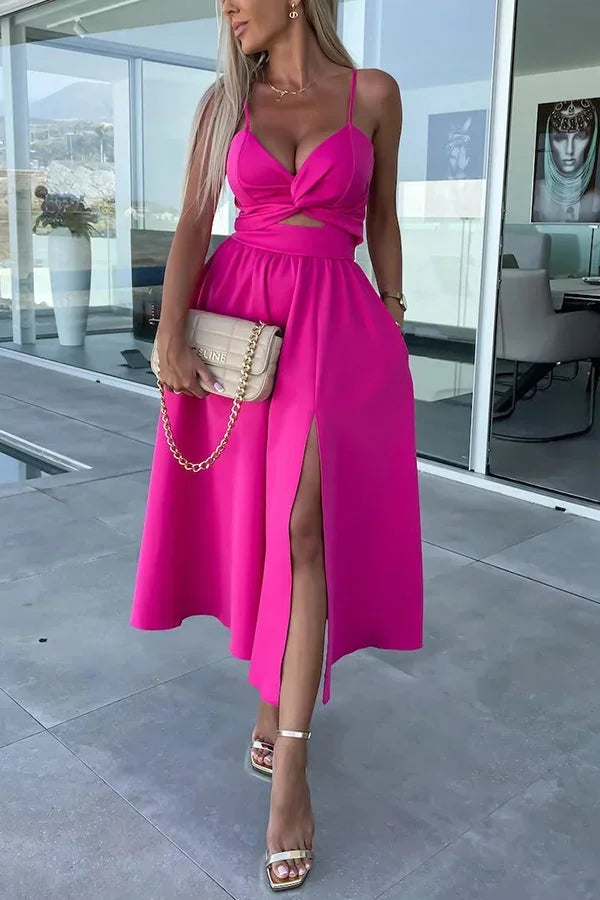 Midi Dress for Women with Crossed Design, Straps and Front Slit