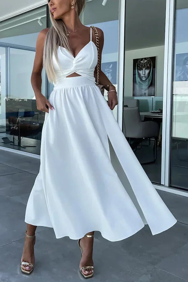 Midi Dress for Women with Crossed Design, Straps and Front Slit