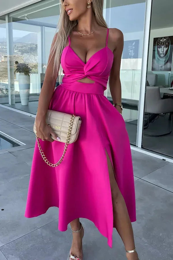Midi Dress for Women with Crossed Design, Straps and Front Slit