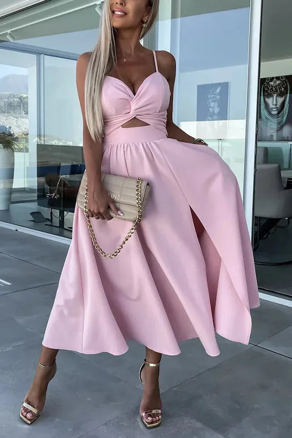 Midi Dress for Women with Crossed Design, Straps and Front Slit
