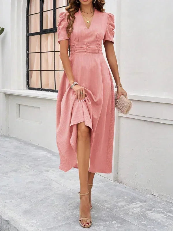 Womens Midi Dress with V Neck and Puff Sleeves