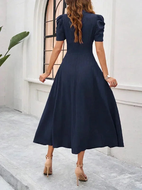 Womens Midi Dress with V Neck and Puff Sleeves