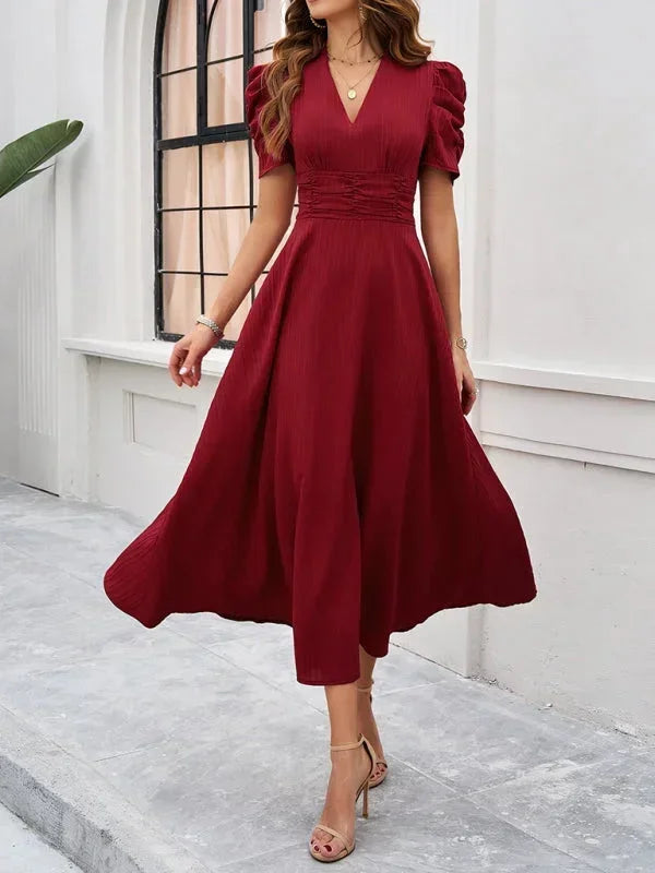 Womens Midi Dress with V Neck and Puff Sleeves