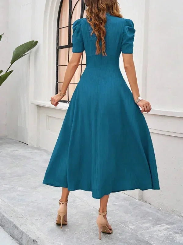 Womens Midi Dress with V Neck and Puff Sleeves