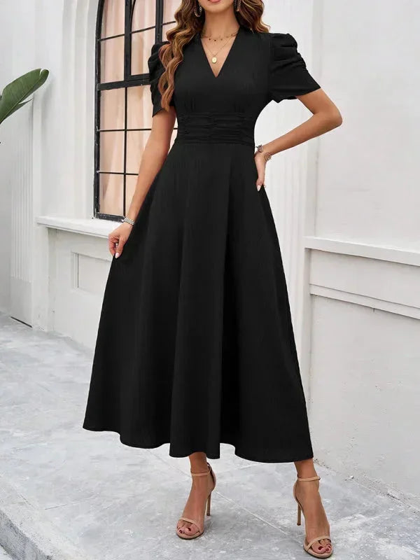 Womens Midi Dress with V Neck and Puff Sleeves