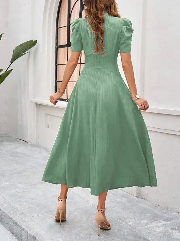Womens Midi Dress with V Neck and Puff Sleeves