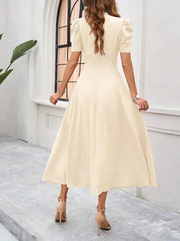 Womens Midi Dress with V Neck and Puff Sleeves