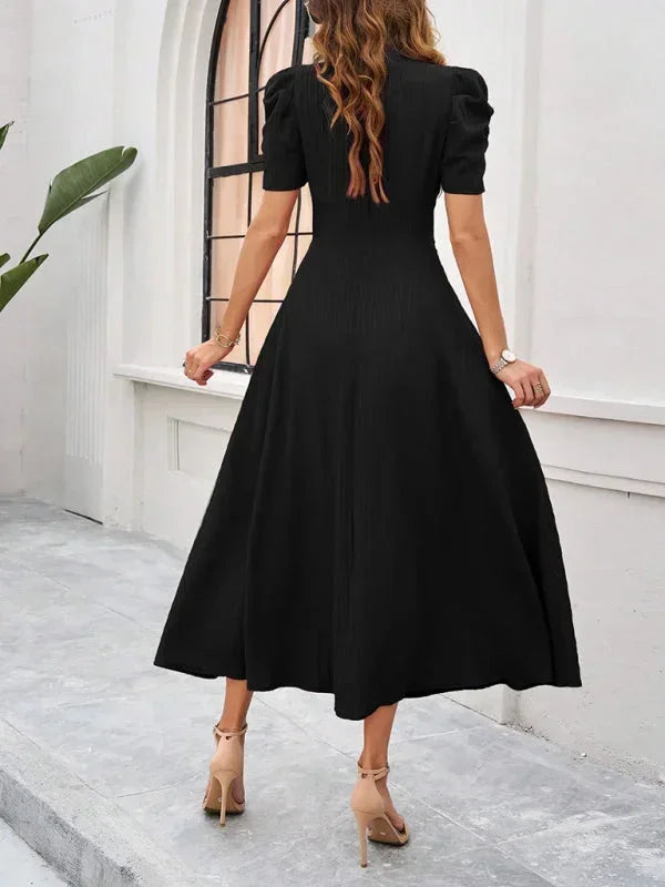 Womens Midi Dress with V Neck and Puff Sleeves