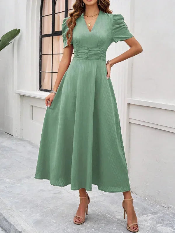 Womens Midi Dress with V Neck and Puff Sleeves
