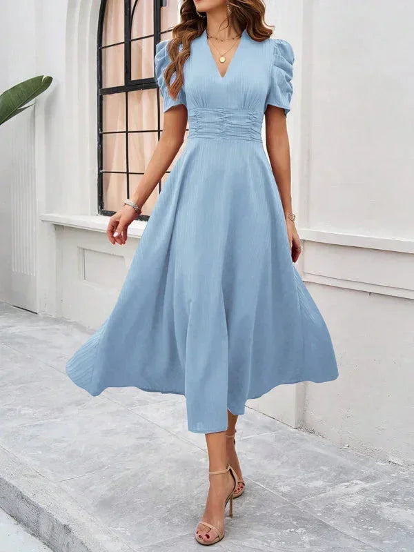 Womens Midi Dress with V Neck and Puff Sleeves