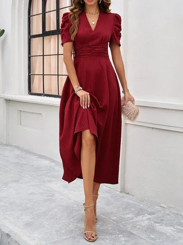 Womens Midi Dress with V Neck and Puff Sleeves