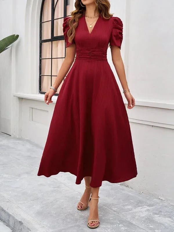 Womens Midi Dress with V Neck and Puff Sleeves