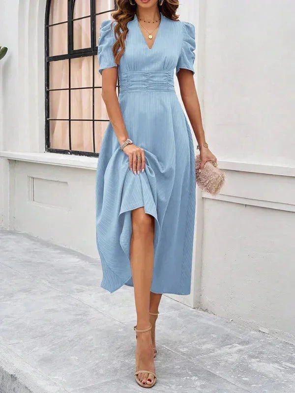 Womens Midi Dress with V Neck and Puff Sleeves