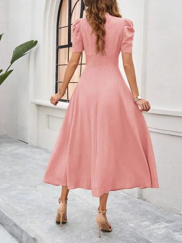 Womens Midi Dress with V Neck and Puff Sleeves