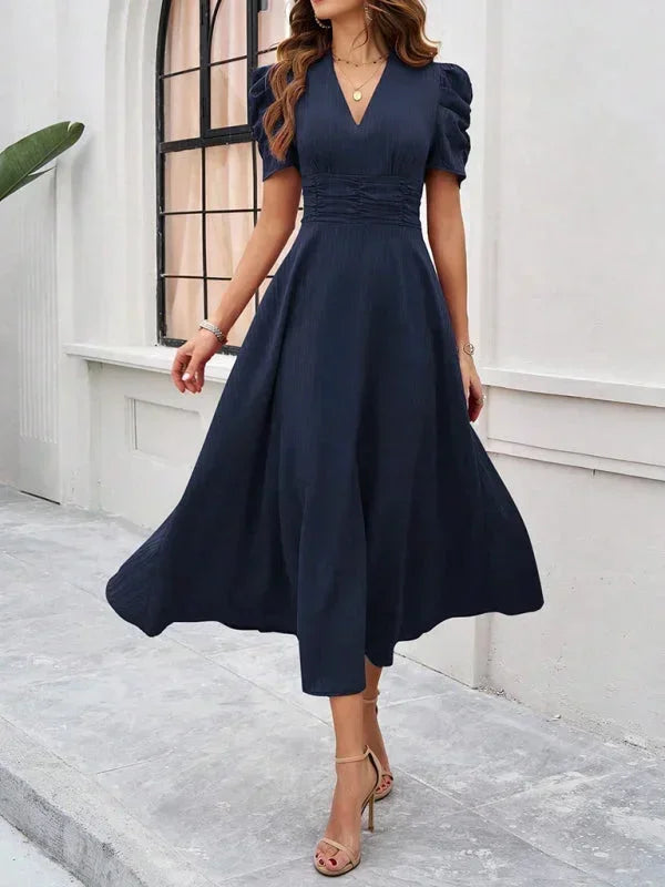Womens Midi Dress with V Neck and Puff Sleeves