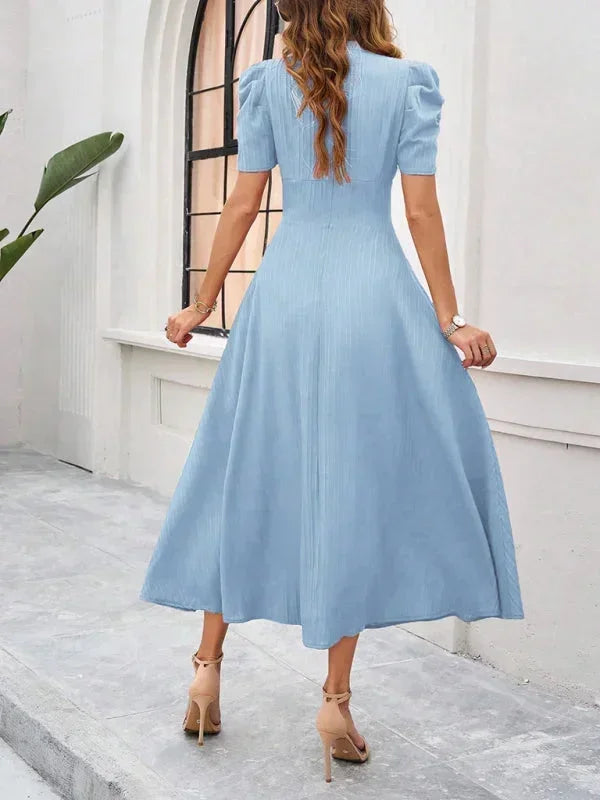 Womens Midi Dress with V Neck and Puff Sleeves