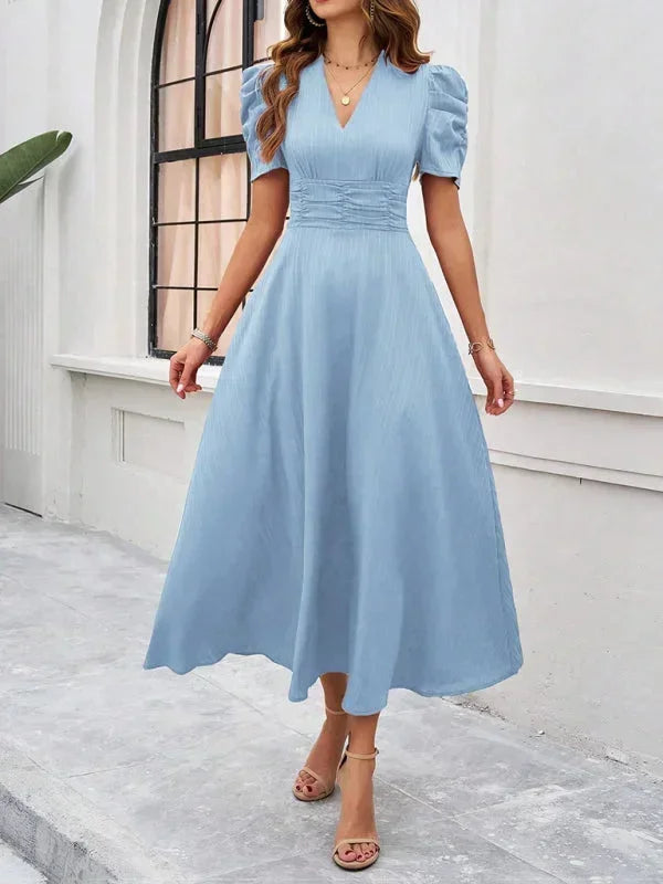 Womens Midi Dress with V Neck and Puff Sleeves