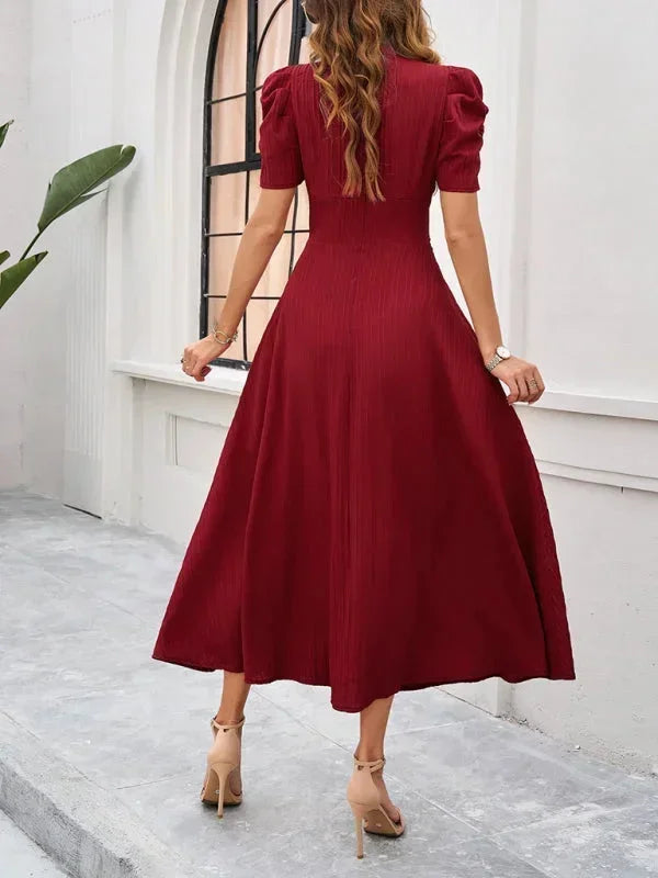 Womens Midi Dress with V Neck and Puff Sleeves