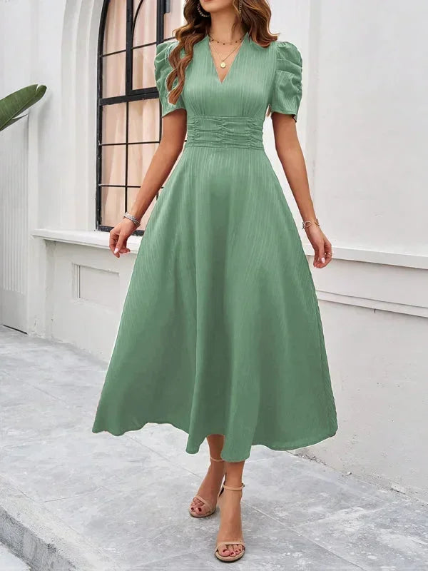 Womens Midi Dress with V Neck and Puff Sleeves