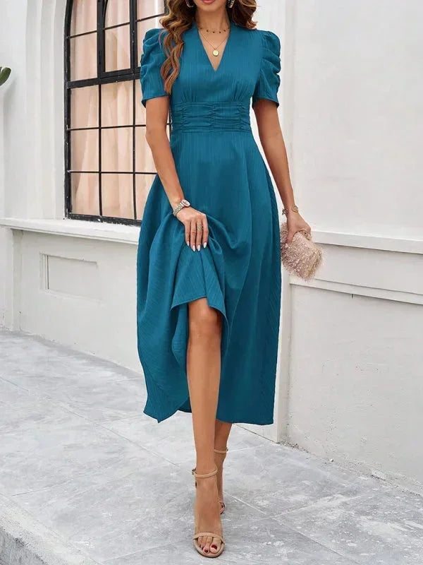 Womens Midi Dress with V Neck and Puff Sleeves