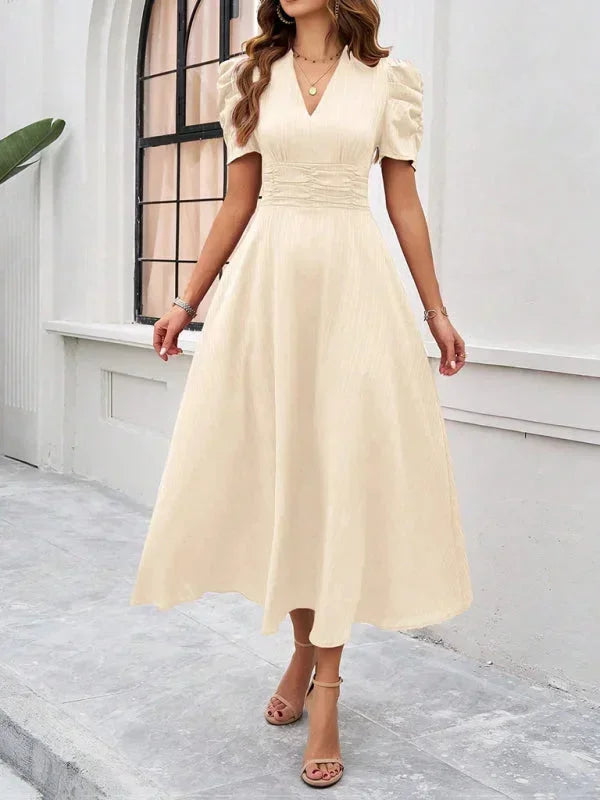 Womens Midi Dress with V Neck and Puff Sleeves