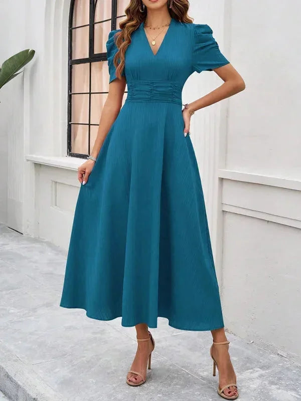 Womens Midi Dress with V Neck and Puff Sleeves