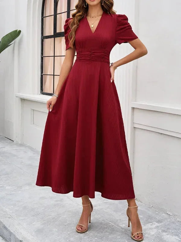 Womens Midi Dress with V Neck and Puff Sleeves