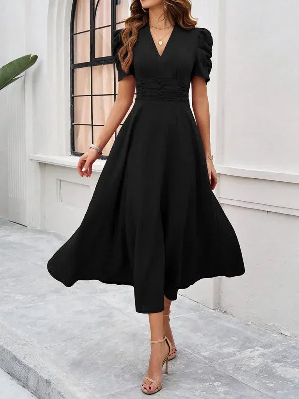 Womens Midi Dress with V Neck and Puff Sleeves