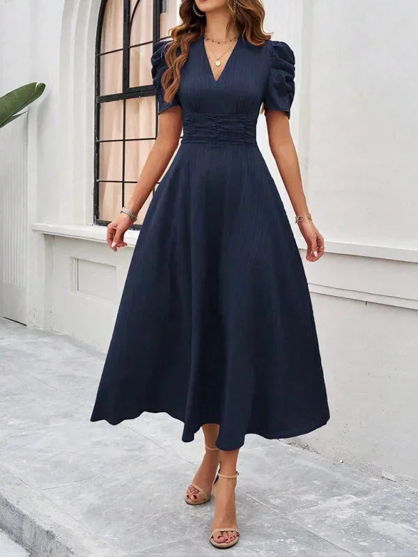 Womens Midi Dress with V Neck and Puff Sleeves