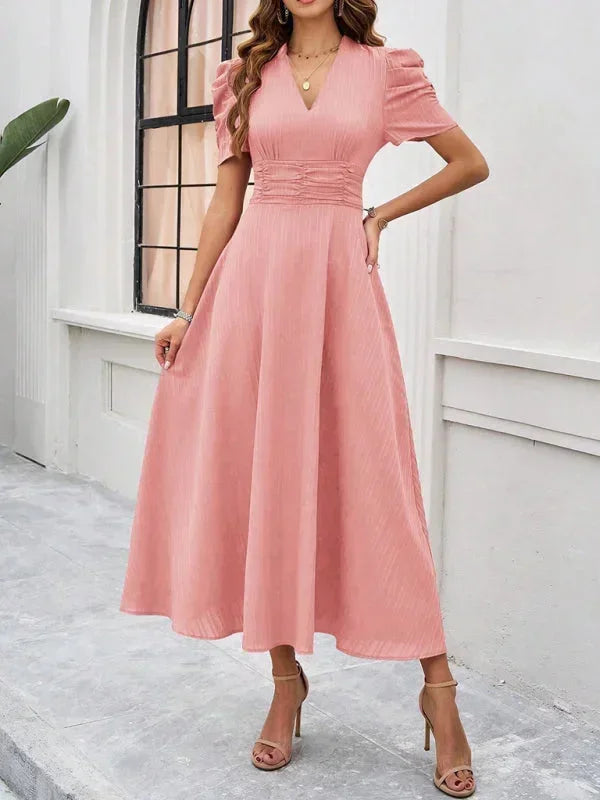 Womens Midi Dress with V Neck and Puff Sleeves