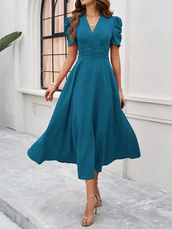 Womens Midi Dress with V Neck and Puff Sleeves
