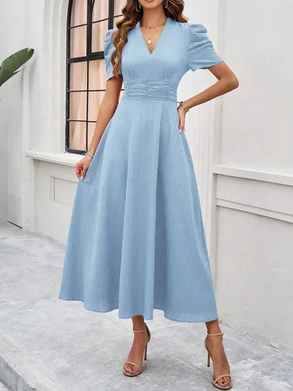 Womens Midi Dress with V Neck and Puff Sleeves