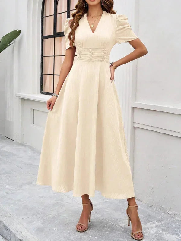 Womens Midi Dress with V Neck and Puff Sleeves