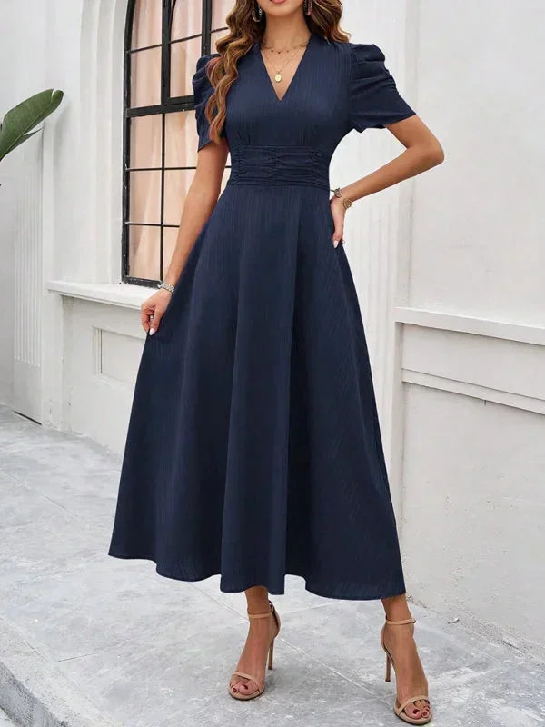 Womens Midi Dress with V Neck and Puff Sleeves