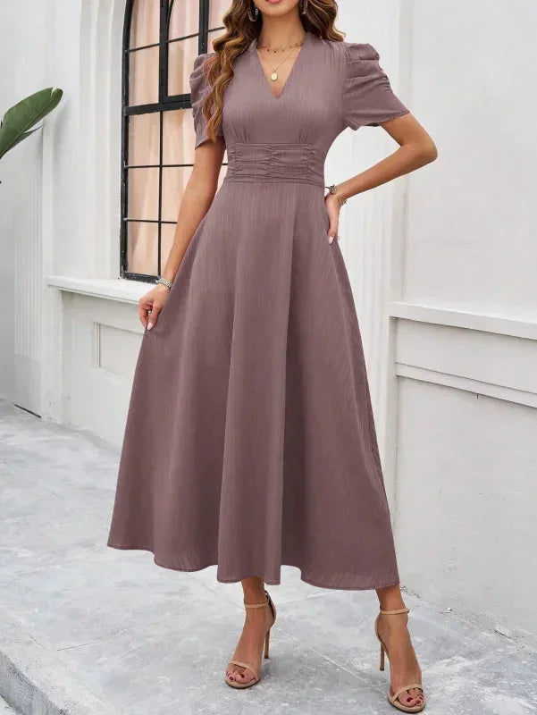 Womens Midi Dress with V Neck and Puff Sleeves