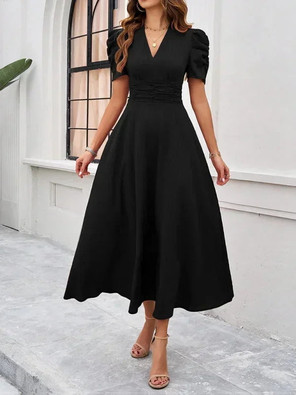 Womens Midi Dress with V Neck and Puff Sleeves