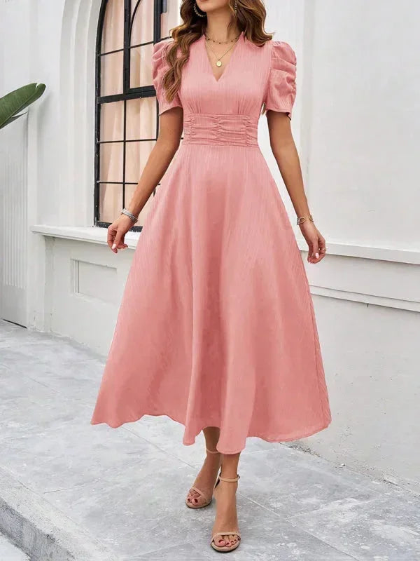 Womens Midi Dress with V Neck and Puff Sleeves