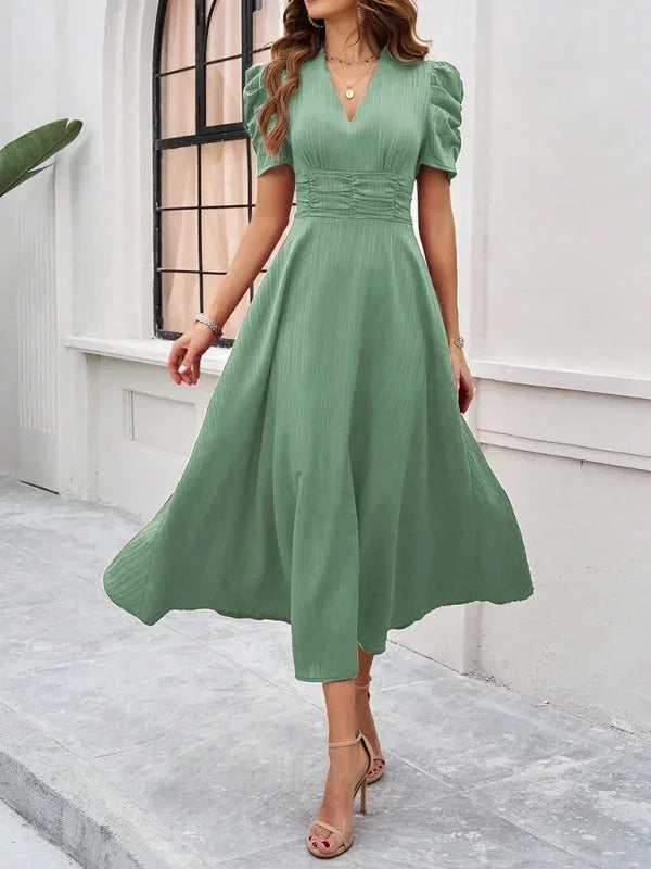 Womens Midi Dress with V Neck and Puff Sleeves