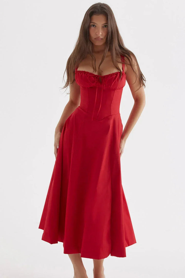 Womens Midi Dress with Ruffled Bodice