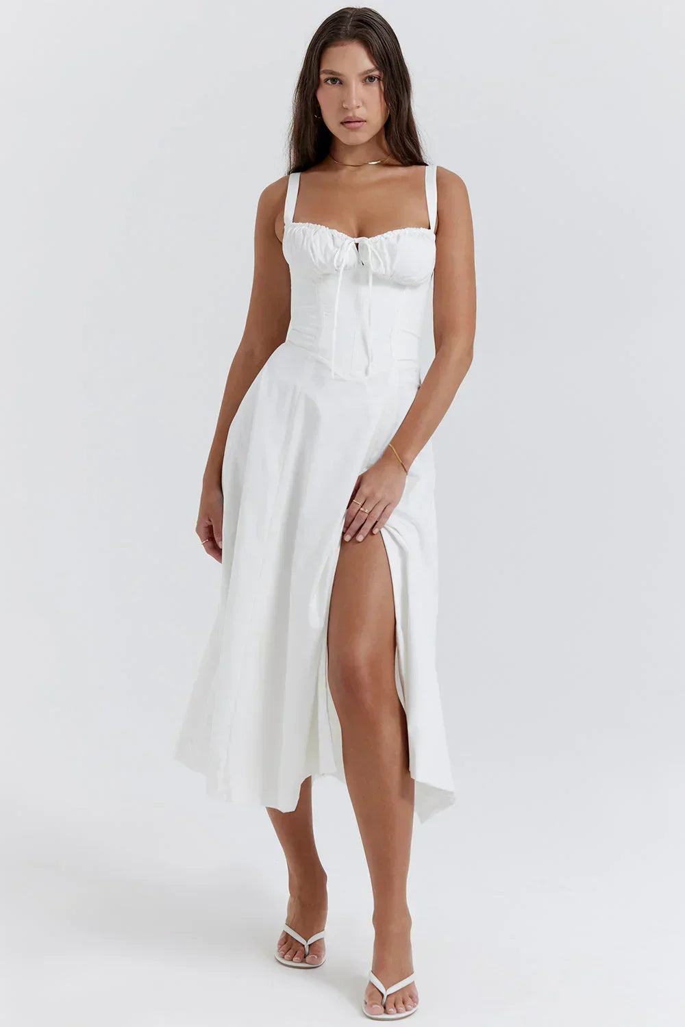 Womens Midi Dress with Ruffled Bodice