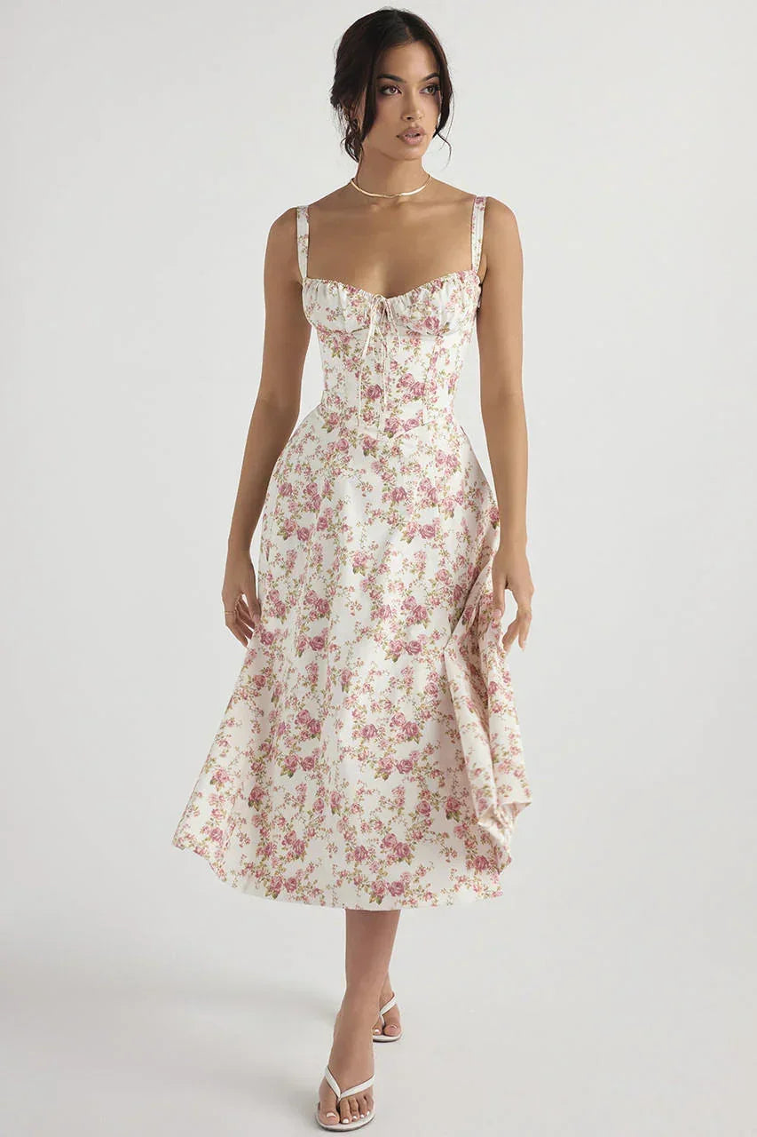 Womens Midi Dress with Ruffled Bodice
