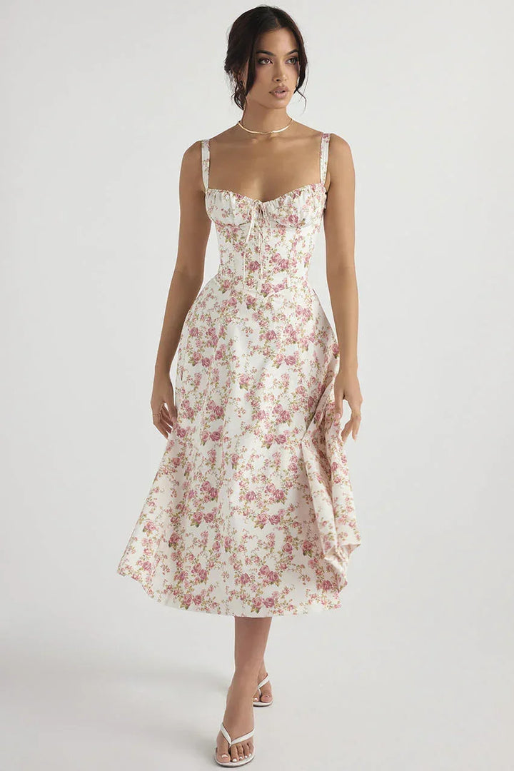 Womens Midi Dress with Ruffled Bodice