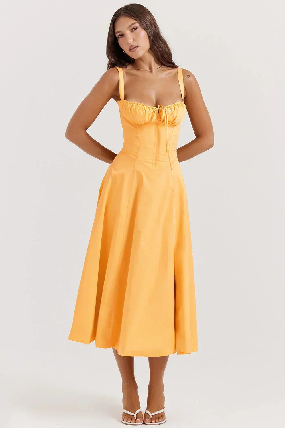 Womens Midi Dress with Ruffled Bodice