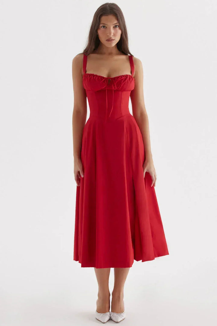 Womens Midi Dress with Ruffled Bodice
