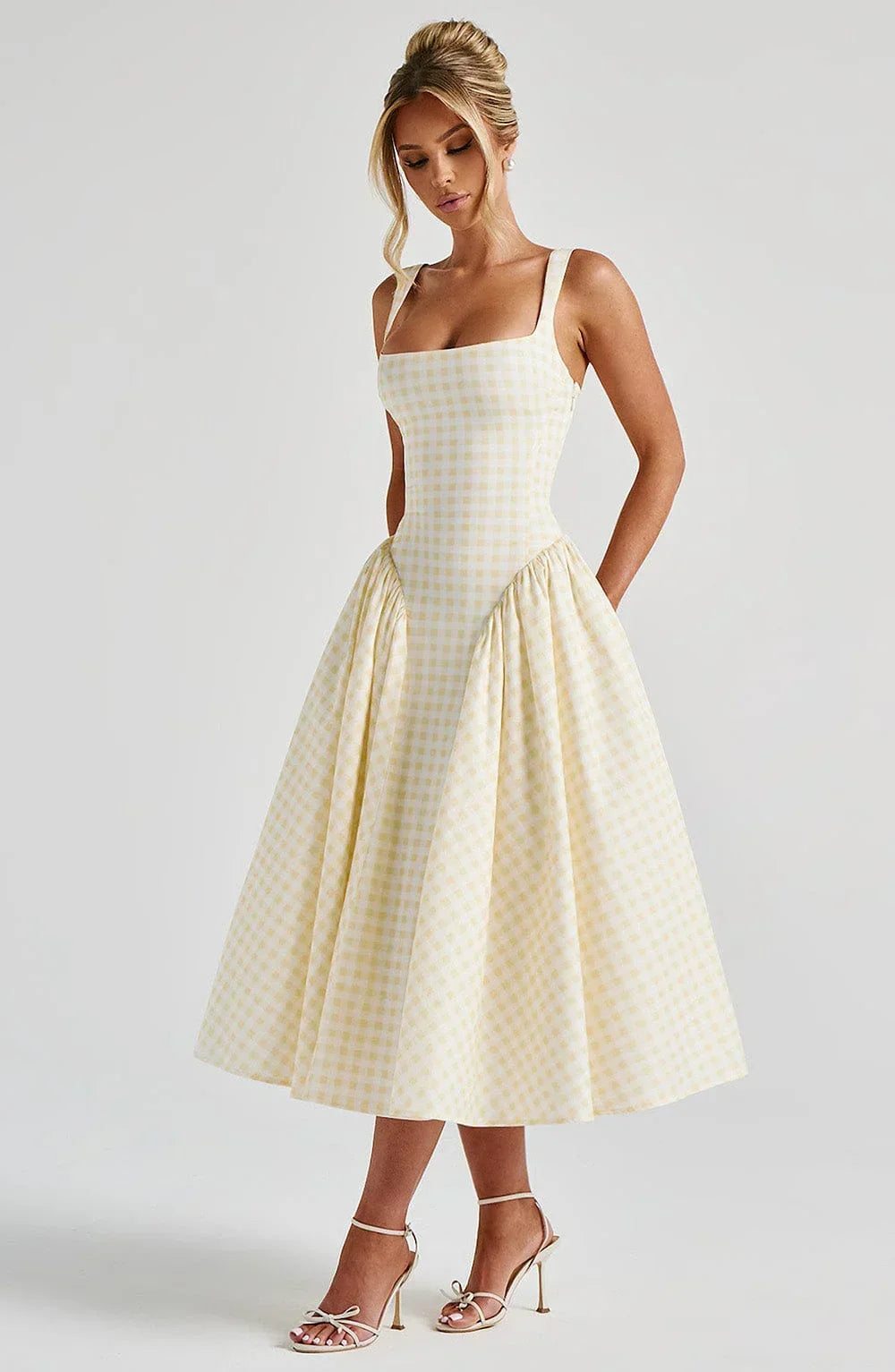 Midi Dress Flared Hem Wide Straps for Women