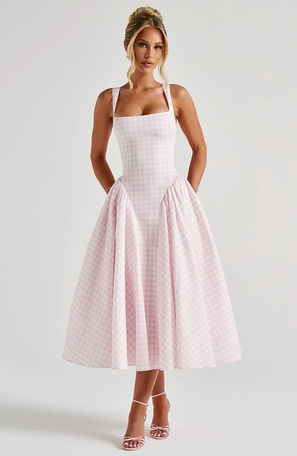 Midi Dress Flared Hem Wide Straps for Women