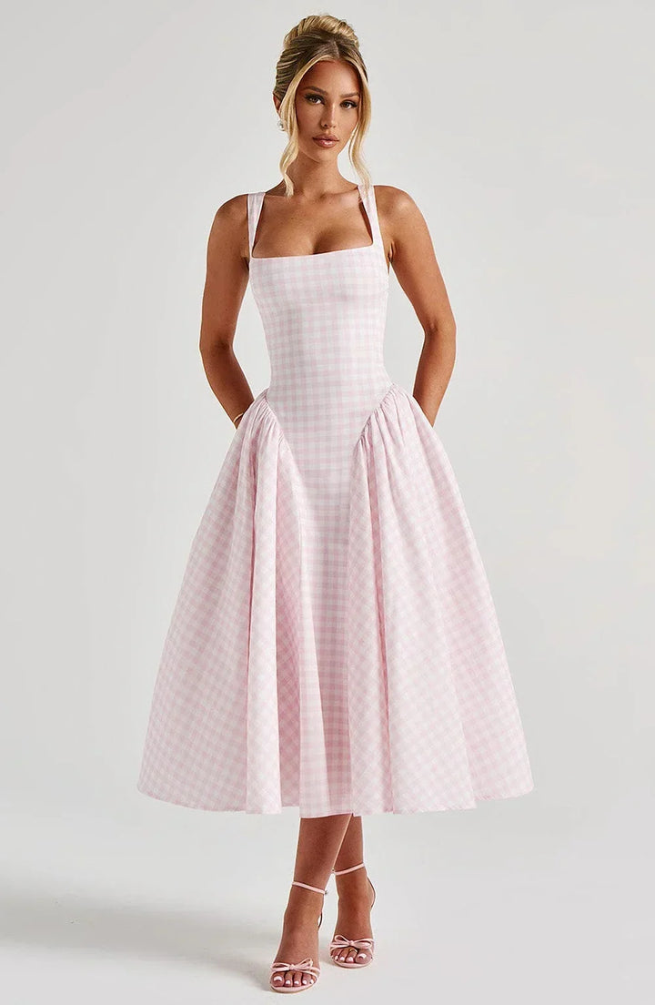 Midi Dress Flared Hem Wide Straps for Women