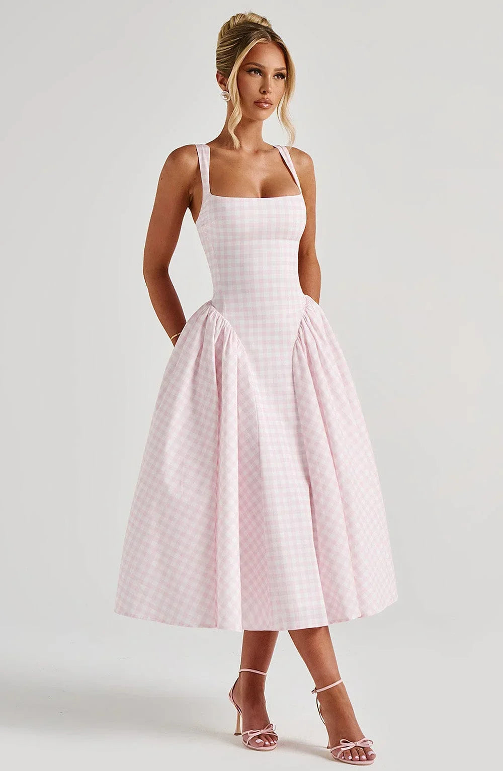 Midi Dress Flared Hem Wide Straps for Women