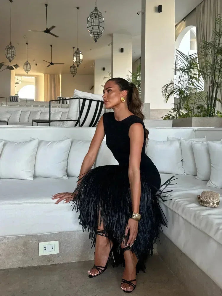 Sleeveless Midi Dress with Fringe Hem for Women
